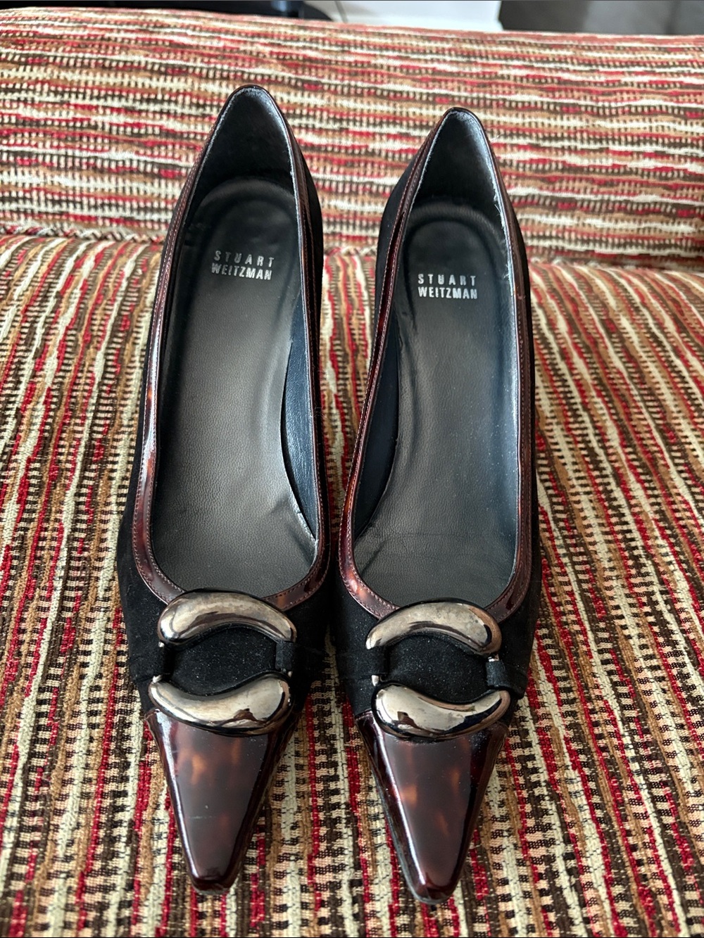 Stuart Weitzman Pointed Toe Brown Tortoiseshell Pumps with Silver Buckle